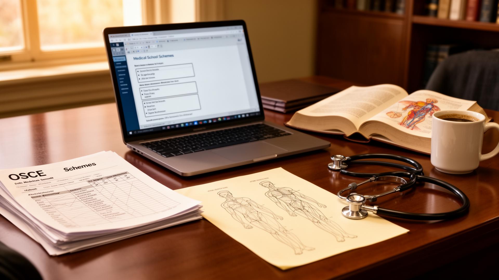 Faculty office desk with laptop showing a slide deck outline, OSCE mark schemes, anatomy textbook, stethoscope, and hand-drawn diagrams — illustrating AI for medical educators.