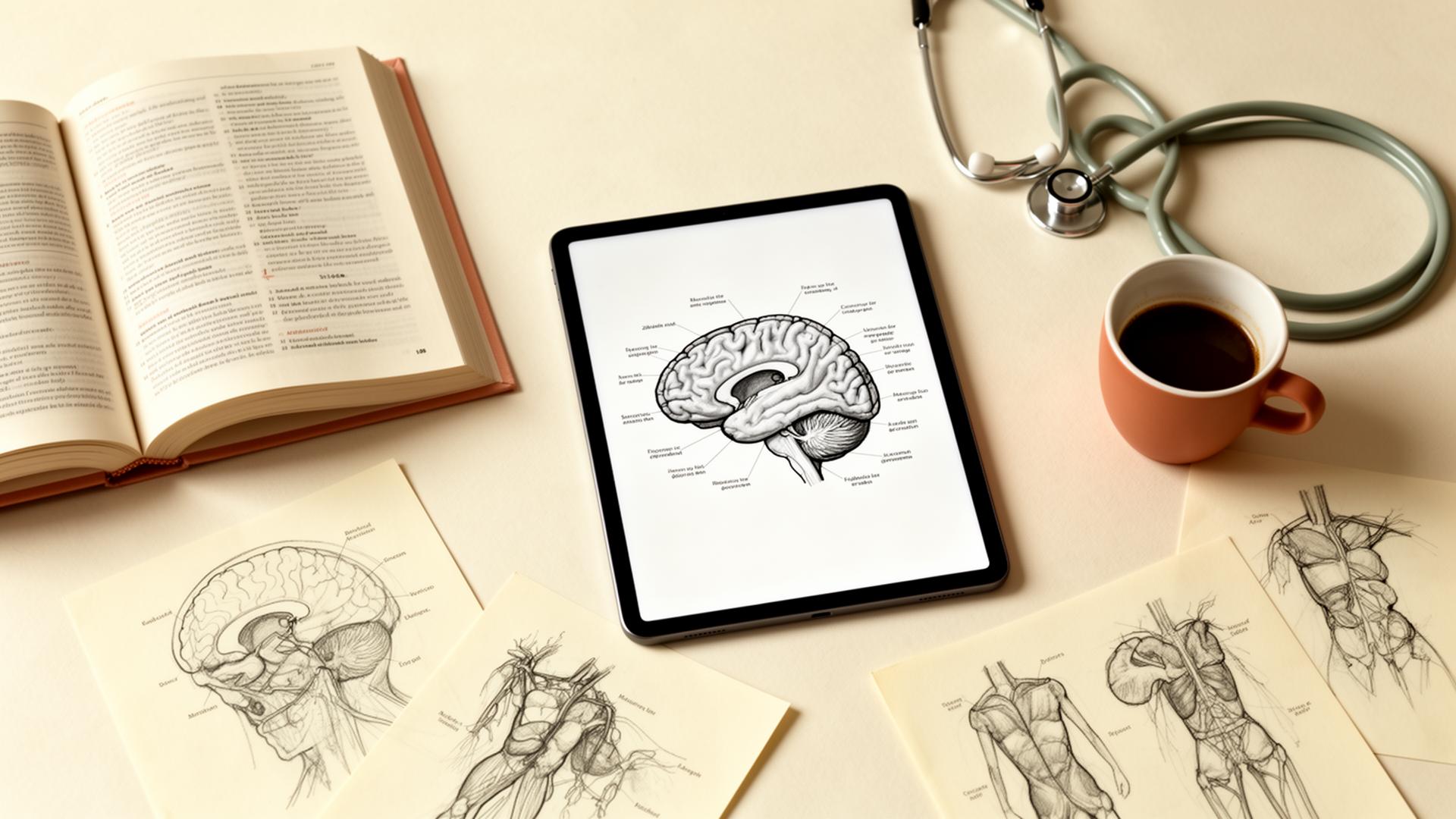 Medical student desk with anatomy textbook, iPad showing a labelled brain diagram, stethoscope, coffee, and hand-drawn anatomy sketches — illustrating AI for medical students.