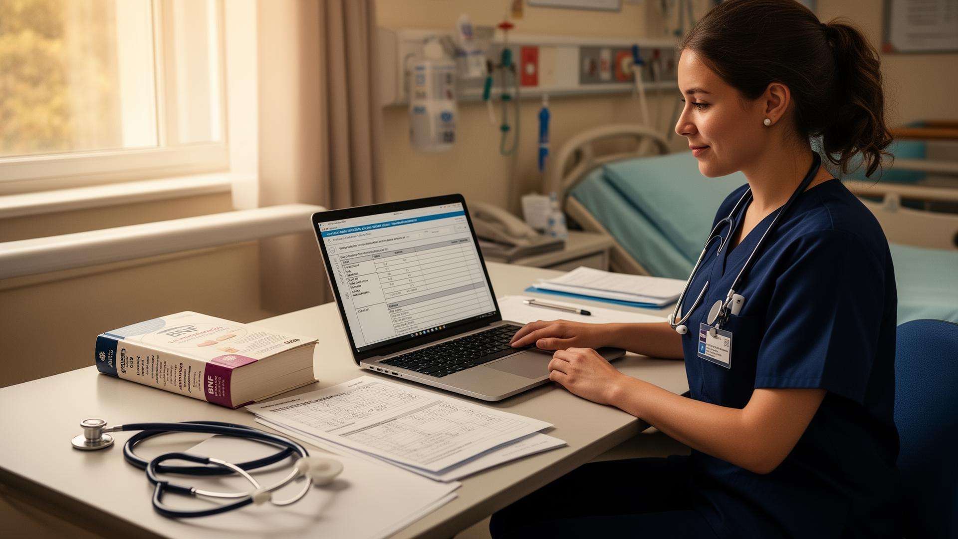 Nursing student in scrubs at a ward desk with laptop, BNF formulary and drug-calculation worksheet — AI for nursing students workflow.