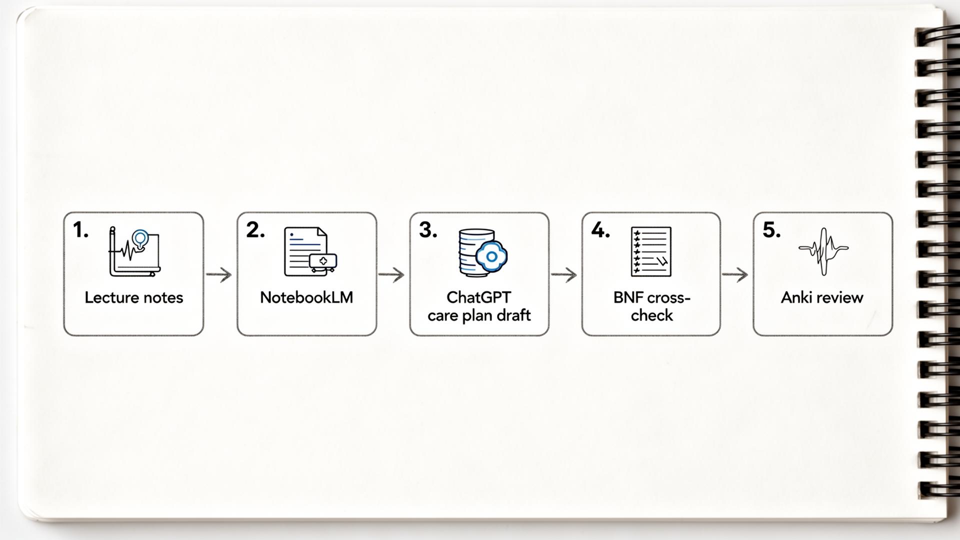Five-step study workflow for AI for nursing students: lecture notes, NotebookLM, ChatGPT care plan draft, BNF cross-check, Anki review.