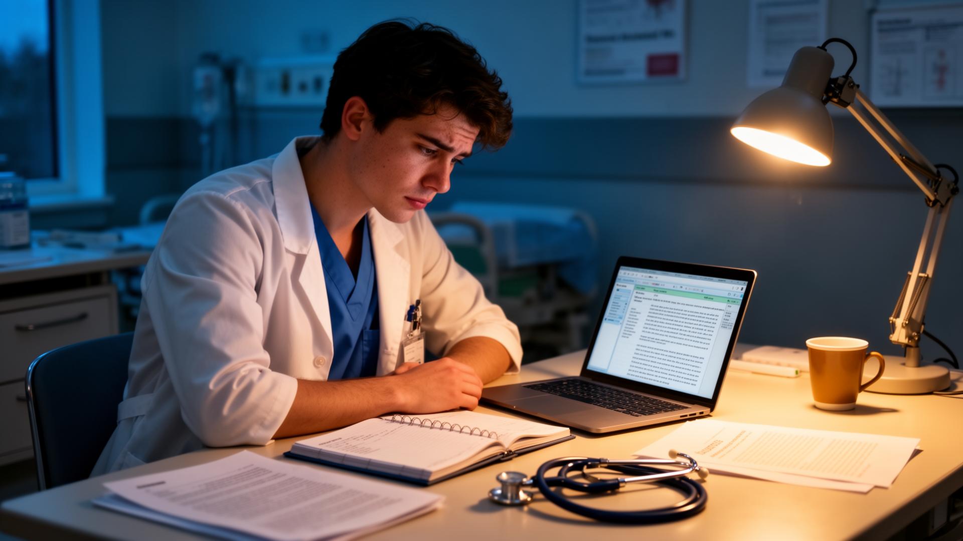 Junior doctor in scrubs at a late-evening hospital workstation with laptop, logbook and journal article — AI for residents and registrars workflow.