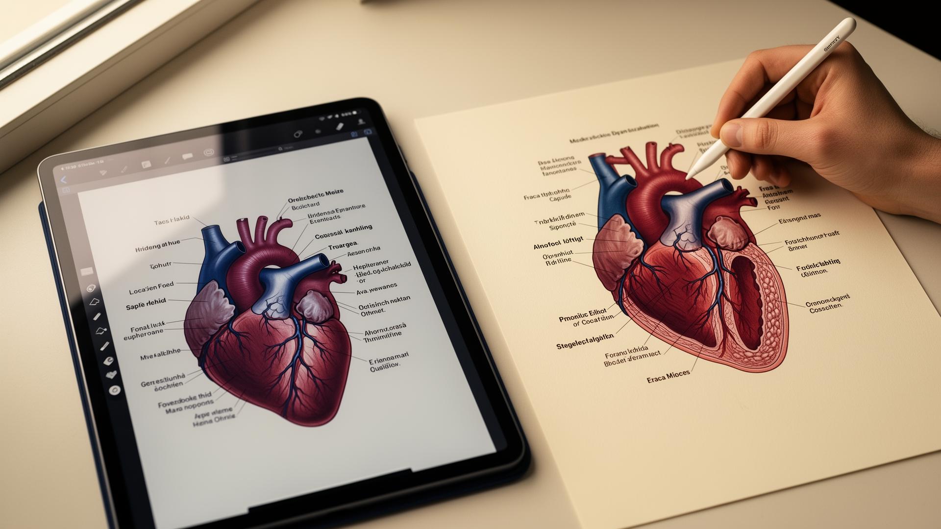 AI medical illustration of a labelled human heart on an iPad next to a printed photoreal anatomy diagram on cream paper, showing the sketch-first workflow.