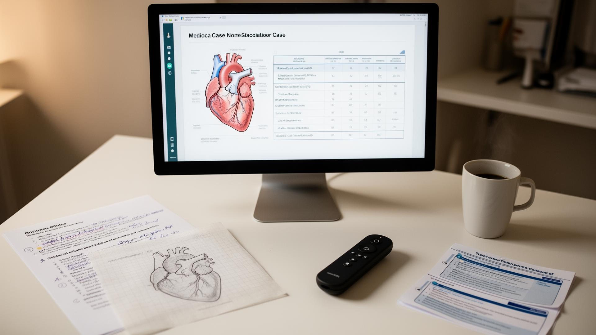 Medical student desk with monitor showing a case presentation slide deck, printed outline notes with corrections, and a sketch of an anatomical diagram — illustrating AI presentations for medical school.