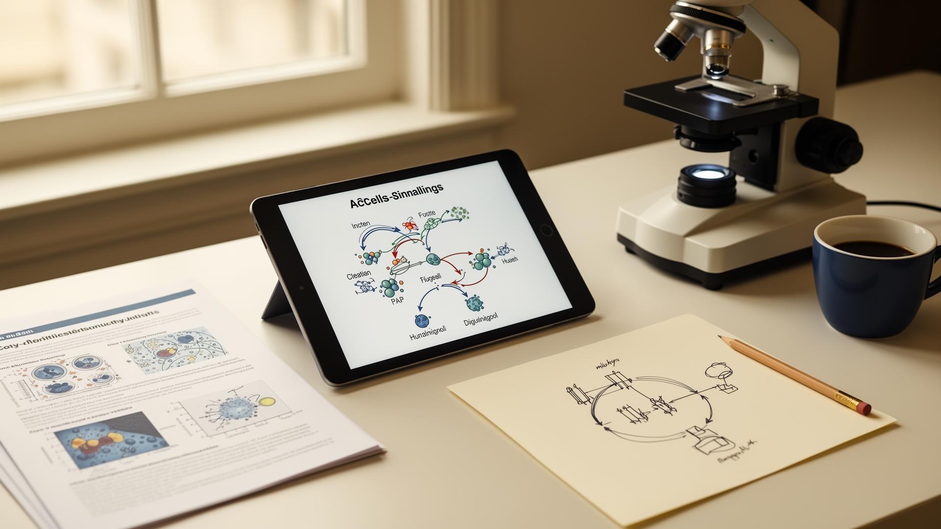 Researcher's desk for AI scientific illustration: tablet showing a labelled cell-signalling pathway, printed scientific paper, microscope, and a hand-drawn experimental schematic on cream paper.