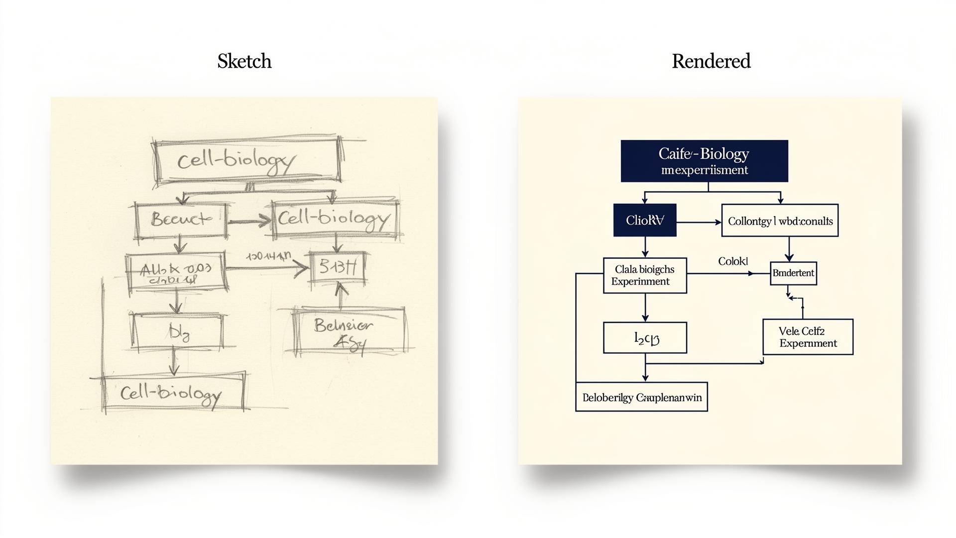 AI scientific illustration sketch-first workflow: rough pencil sketch of an experimental schematic on the left, clean rendered publication-quality version on the right.