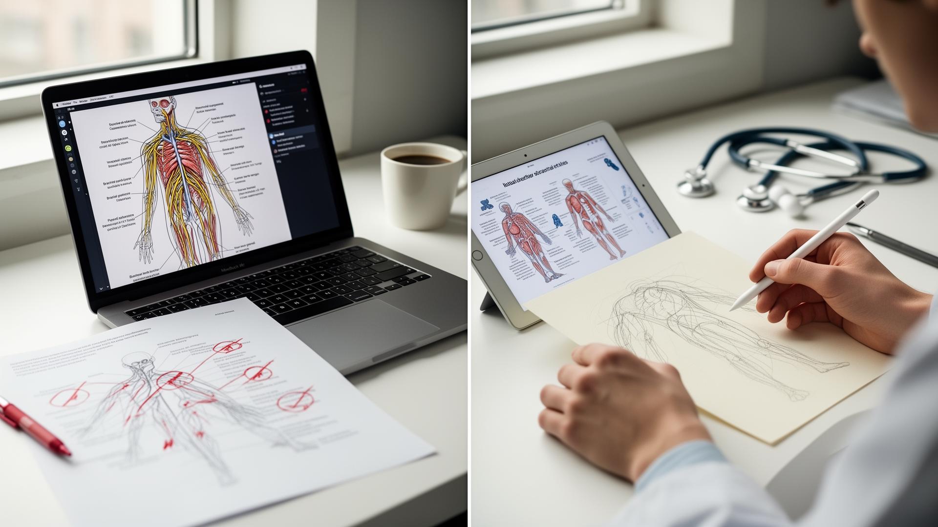 Split-screen comparison of ChatGPT-generated anatomy diagram with red correction marks versus Angiosome sketch-to-render workflow on an iPad — illustrating the Angiosome vs ChatGPT for medical illustration debate.