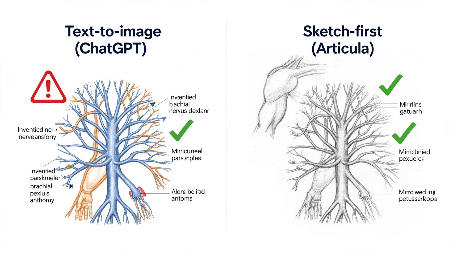 Side-by-side comparison of ChatGPT-generated brachial plexus diagram with invented nerve branches versus Angiosome sketch-first output preserving accurate anatomy — Angiosome vs ChatGPT for medical illustration test.