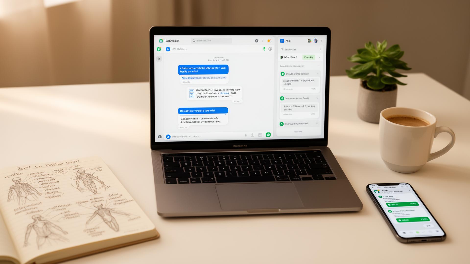 Medical student desk with laptop showing ChatGPT and Anki flashcard apps, handwritten anatomy notes, and phone with spaced repetition review screen — illustrating the Anki AI workflow for medical school.