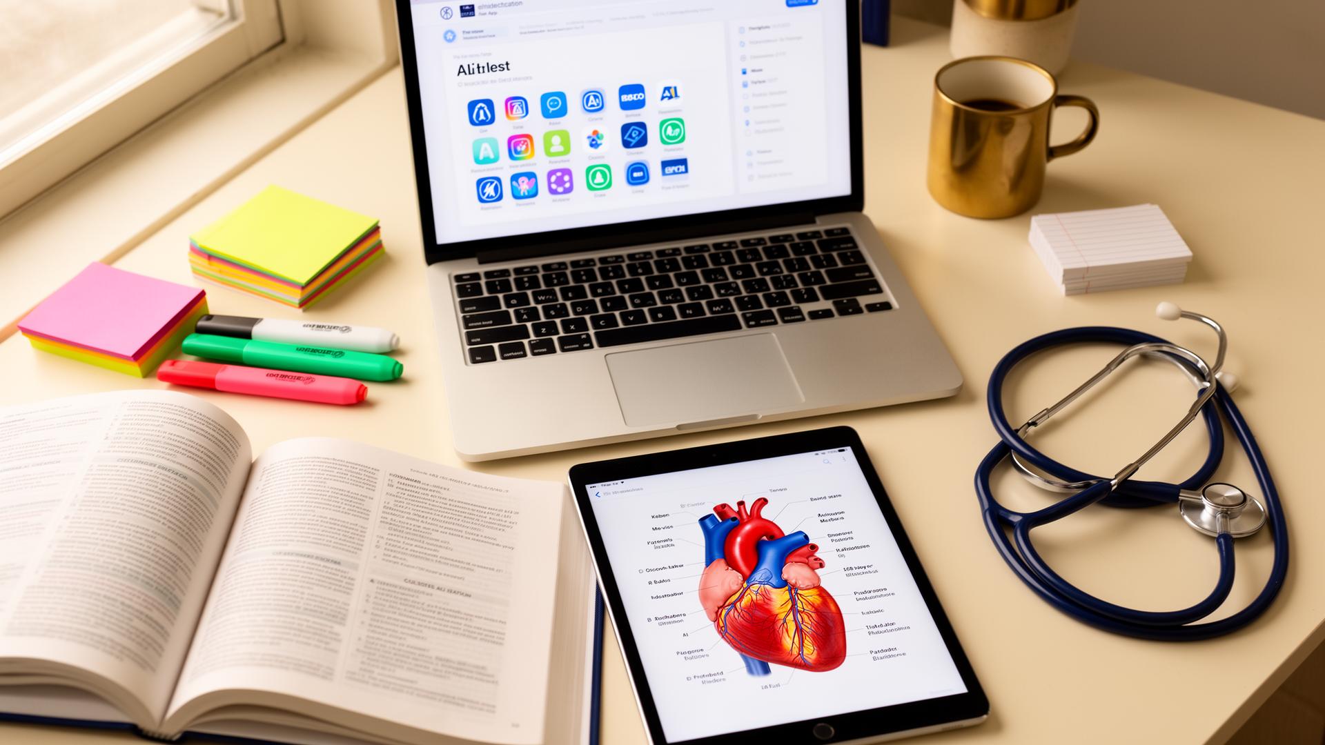 Medical student's desk with a laptop showing AI app icons, an anatomy textbook, an iPad displaying a labelled heart diagram, stethoscope and highlighters — the best AI tools for medical school in 2026.