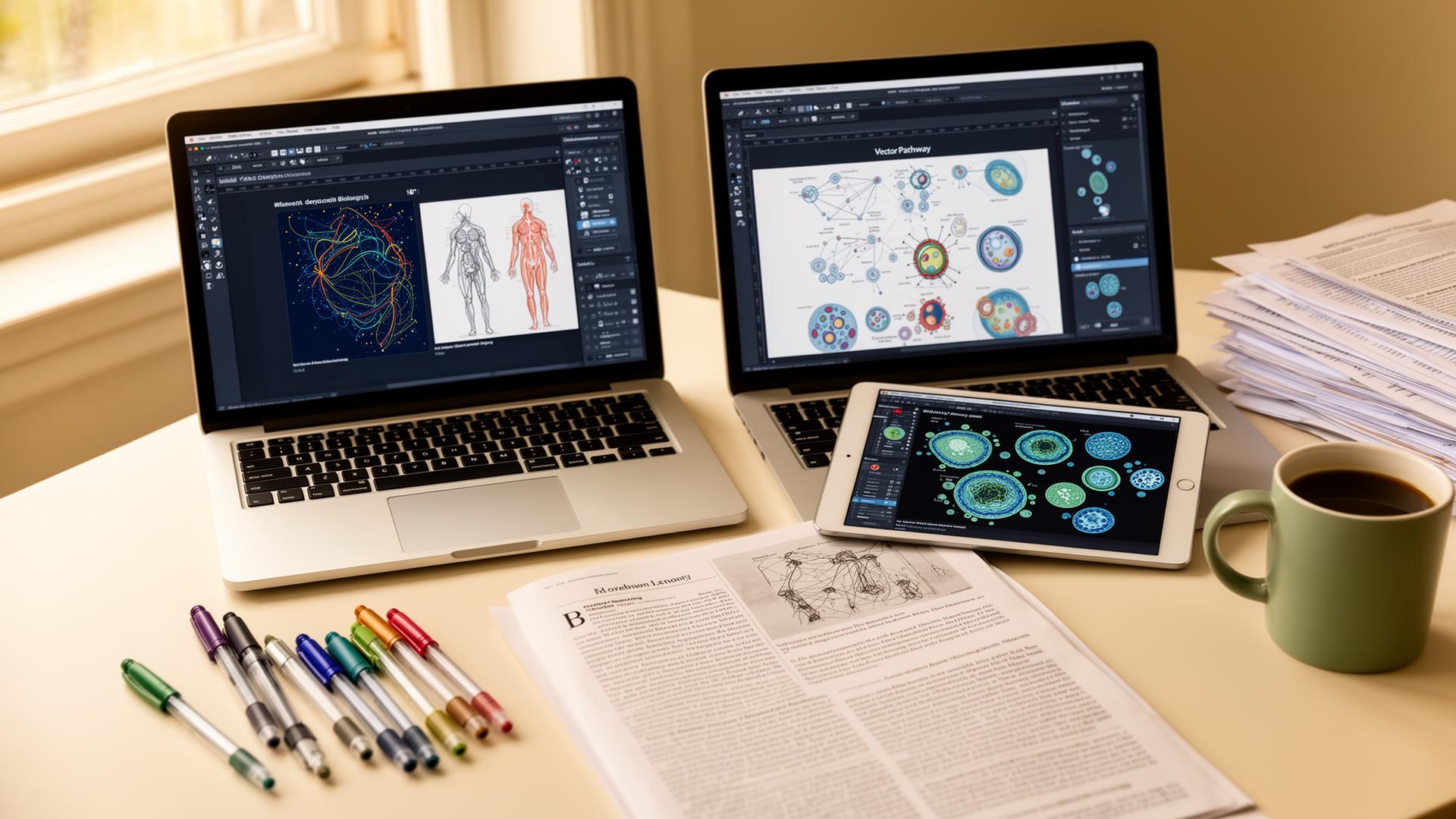 Desk setup comparing BioRender alternatives in 2026: laptop showing vector cell biology pathway diagrams, iPad displaying anatomical sketches, scientific journal open beside coloured pens and coffee.