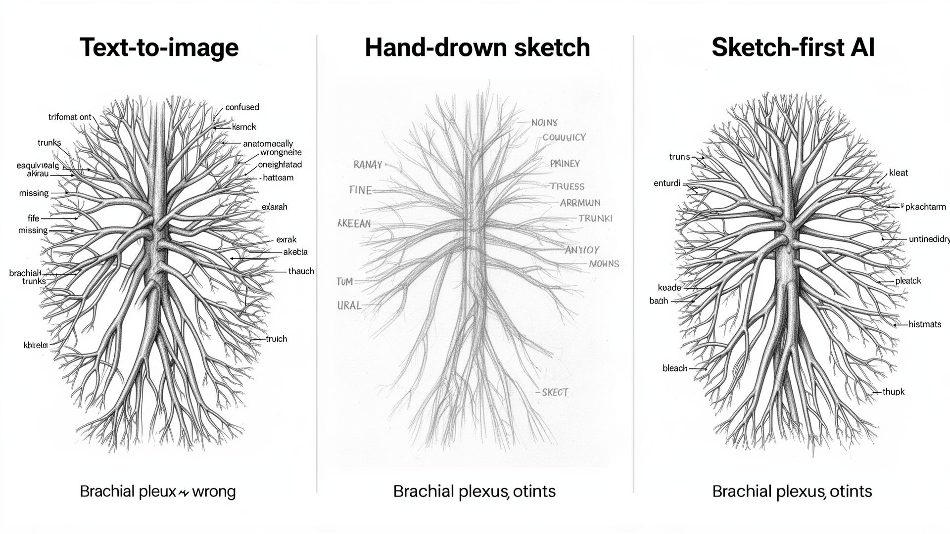 Side-by-side anatomy diagram comparison: text-to-image AI produces a wrong brachial plexus, hand-drawn sketch shows correct topology, sketch-first AI renders the sketch cleanly — how to make anatomy diagrams with AI.