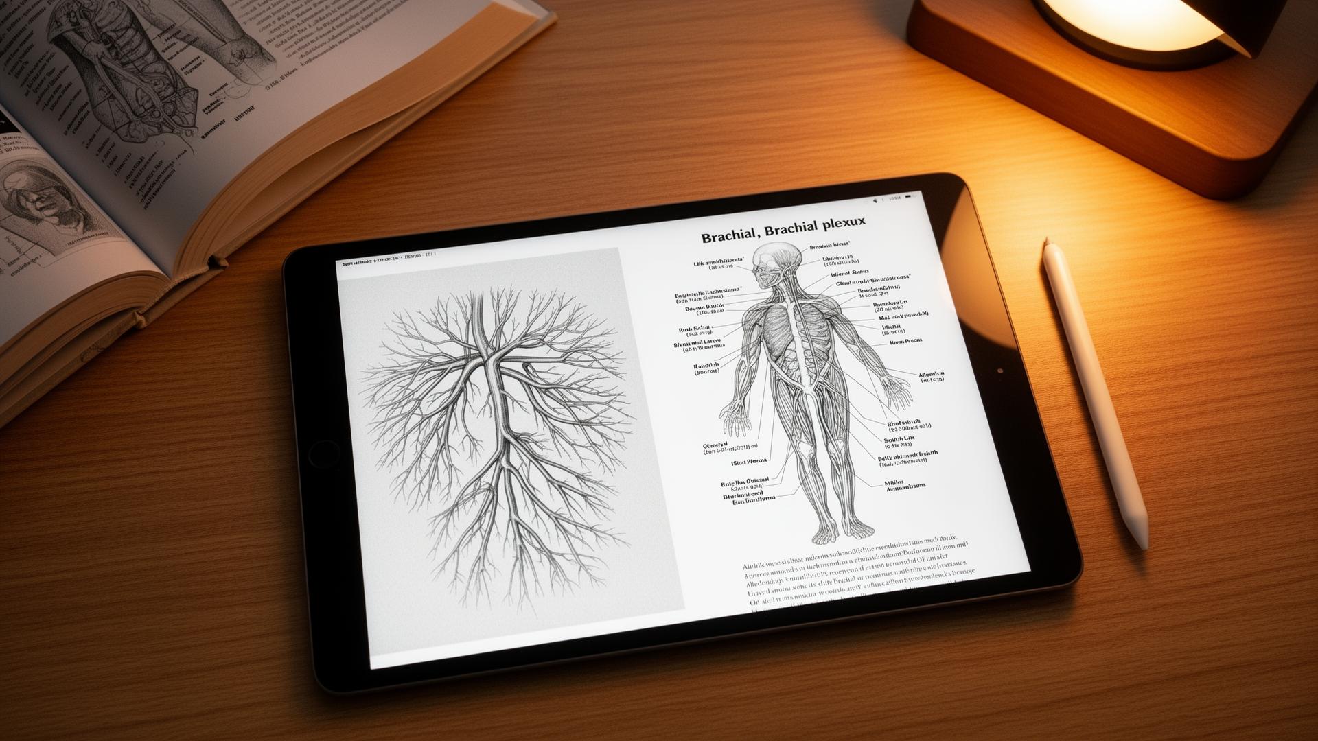 iPad on a desk showing a rough pencil sketch of the brachial plexus next to a clean labelled anatomical illustration, with an anatomy textbook nearby — how to make anatomy diagrams with AI.