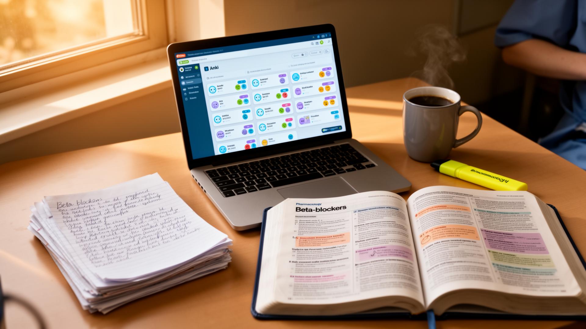 Medical student desk with laptop showing Anki, handwritten pharmacology notes and an open textbook — illustrating how to make flashcards with AI.