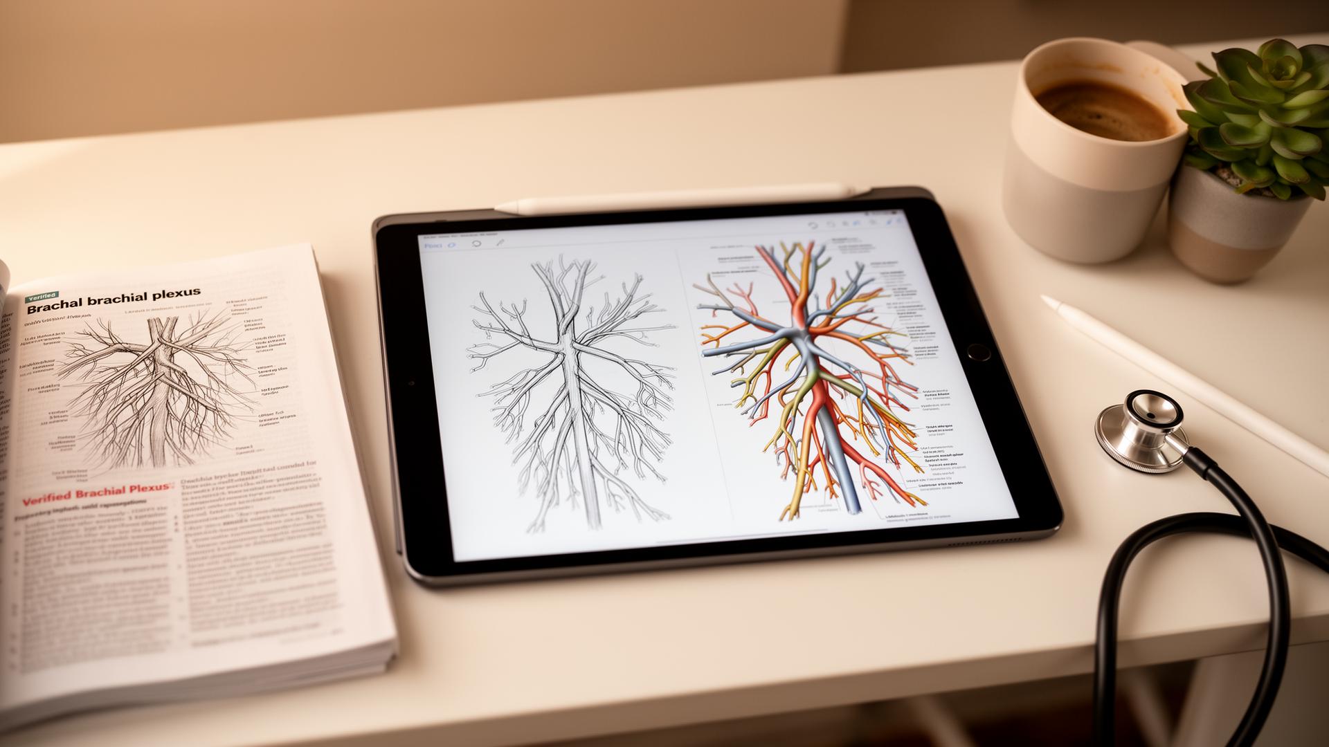 Medical student workspace showing a rough hand-drawn sketch of the brachial plexus on iPad next to a clean photoreal labelled render, with anatomy textbook open for comparison — illustrating how to make medical diagrams with AI.
