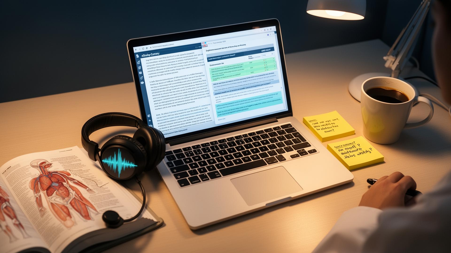 Medical student desk with laptop showing a lecture transcript and AI-generated study guide, headphones with audio waveform, anatomy textbook and coffee — how to summarise medical lectures with AI.